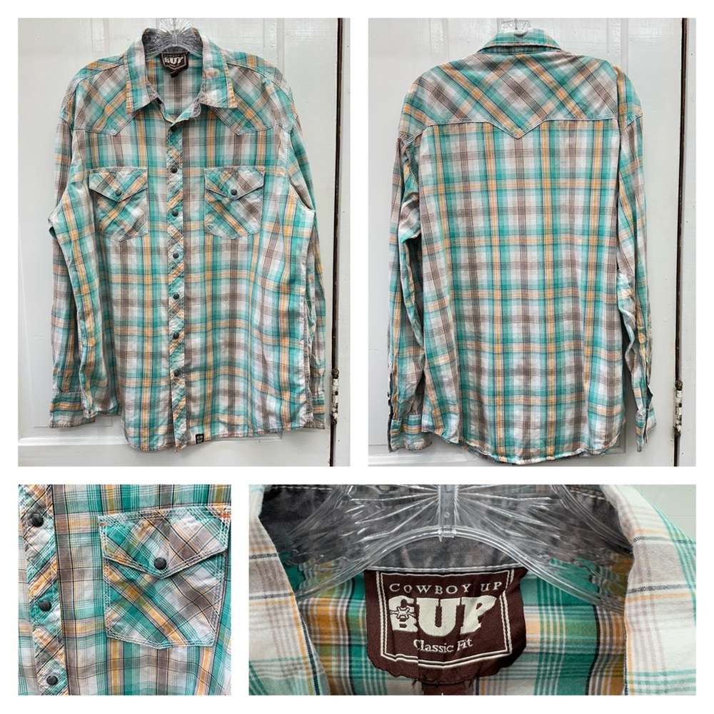 Cowboy Up classic fit western wear pearl snap long sleeve plaid shirt mens large